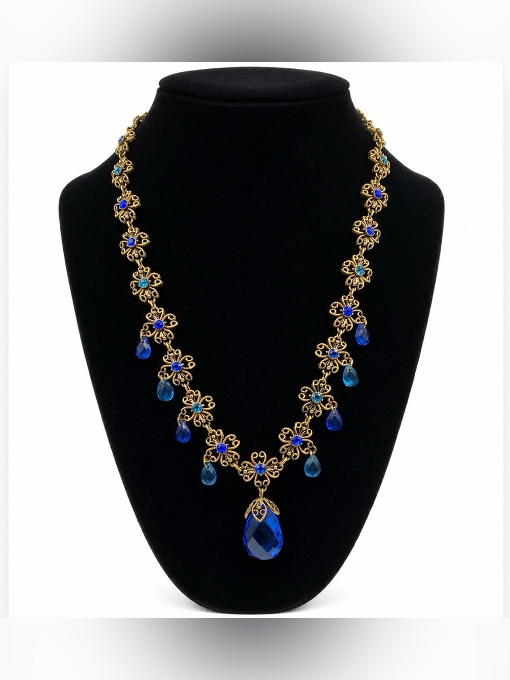 Avon Collier Briolette Multicolore Blue Rhinestone Scroll Gold Necklace Vintage - Picture 4 of 10